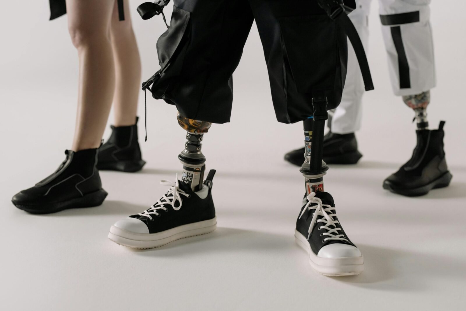 Focus on stylish footwear and advanced prosthetics in a contemporary setting.